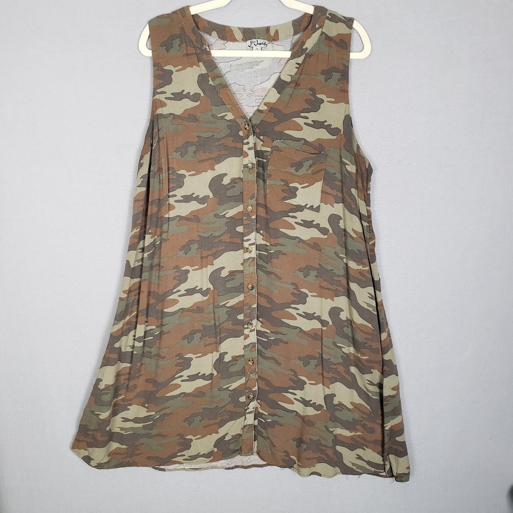 Sleeveless Button Up Tunic Top Green Camouflage Country Festival Concert Size 2X